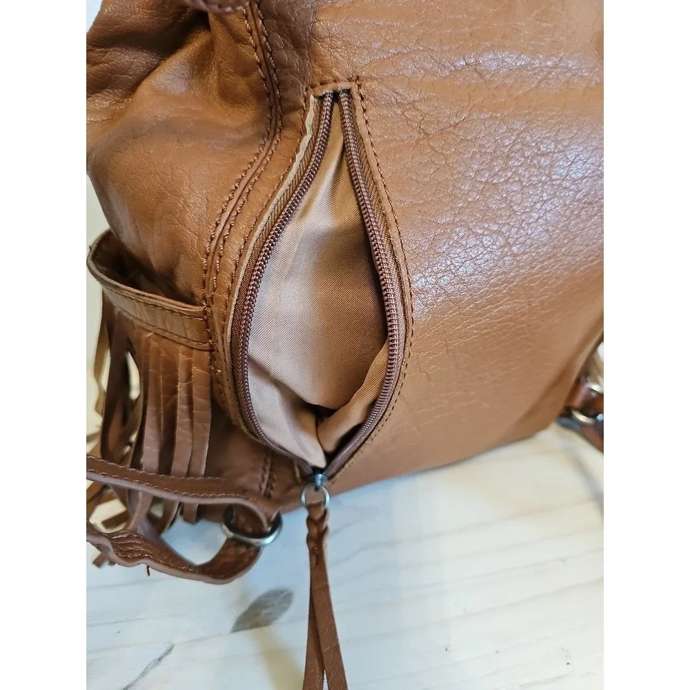 The Sak Avalon Fringed Convertible Cognac Brown Leather Backpack or Handbag